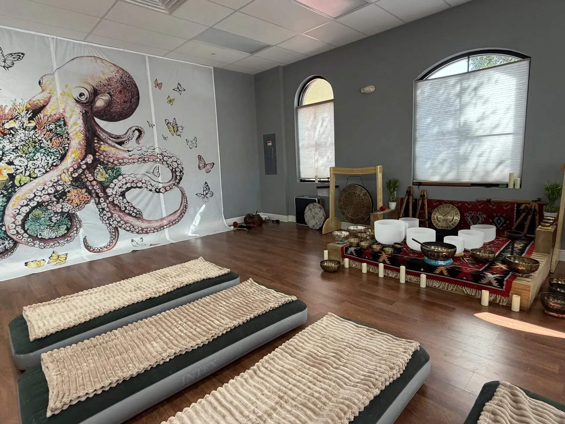 The sound healing room at Inner Sense Consortium with an octopus mural, singing bowls, a gong and rest mats